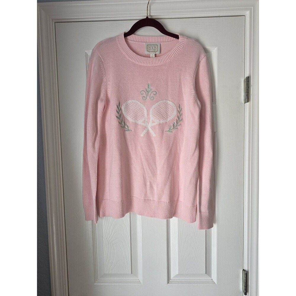 Sail to Sable M Pink CrewNeck Embroidered Tennis Racquet Motif Classic Sweater